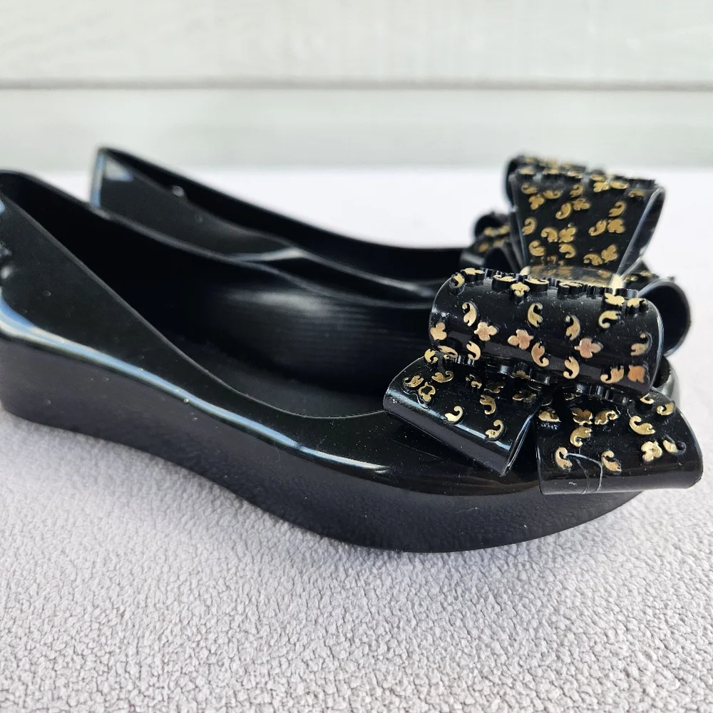 Melissa Mini Mel Ultragirl Sweet XVI Black Gold Jelly Flat Bow Girl SZ 11 Formal